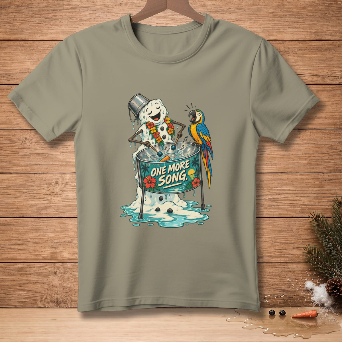 Melting snowman with a bucket hat plays a steel drum next to a parrot.
