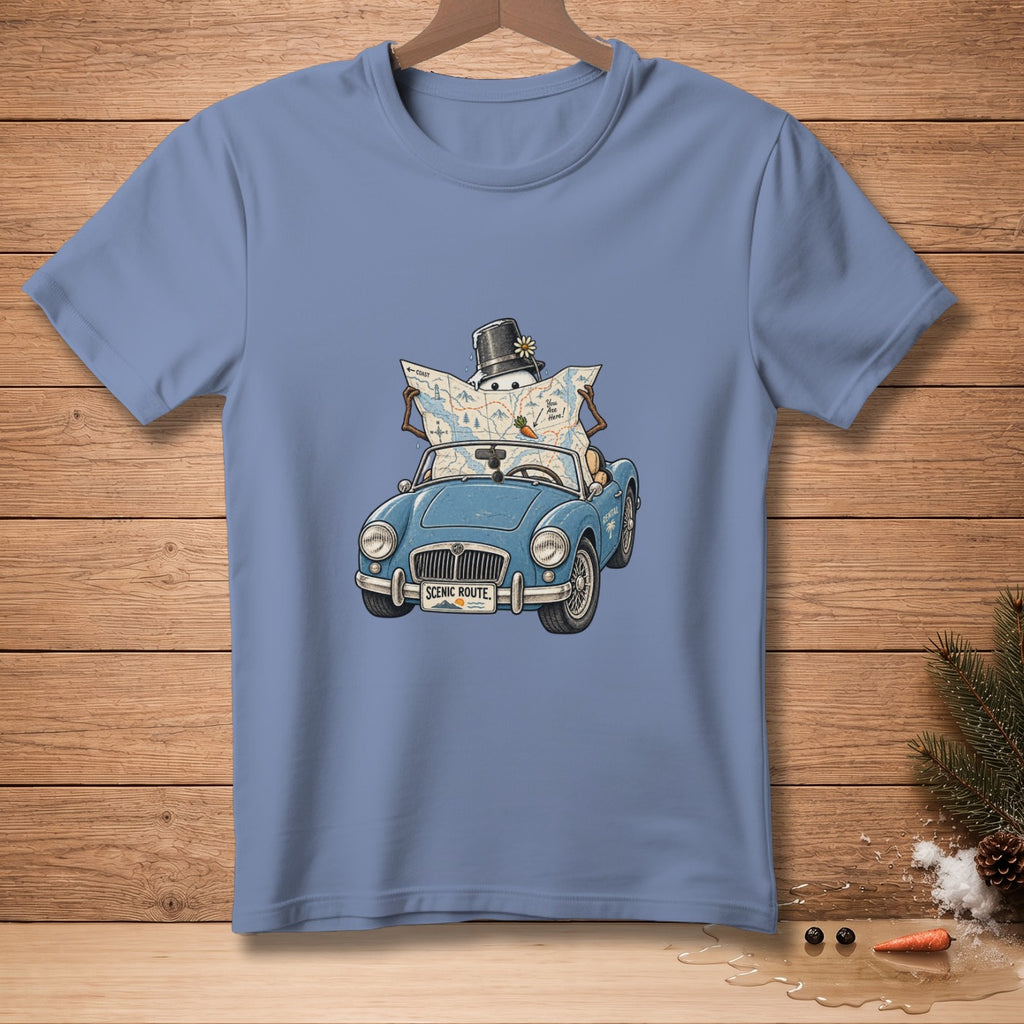 Cartoon snowman driving blue convertible, reading a map with "You Are Here!"