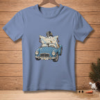 Cartoon snowman driving blue convertible, reading a map with "You Are Here!"
