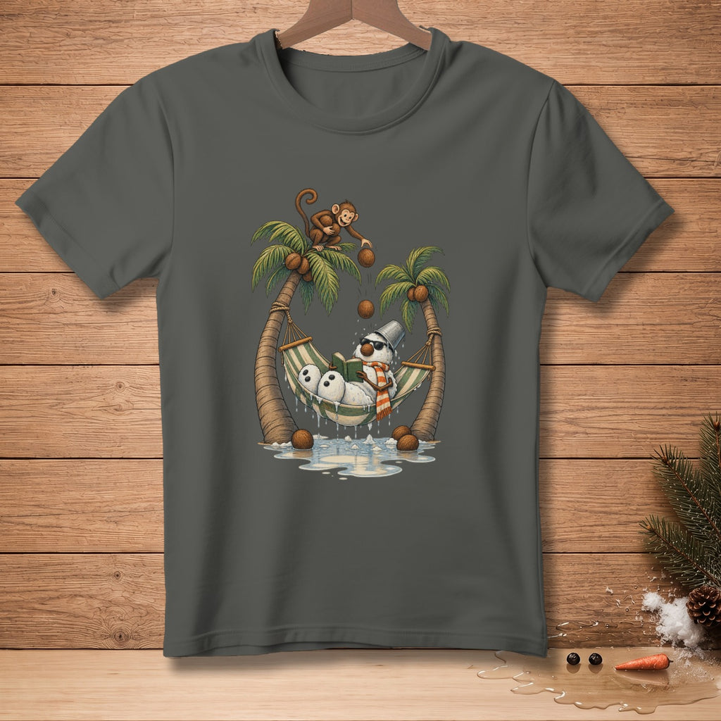 Snowman reading in a hammock between palm trees with a monkey dropping coconuts.