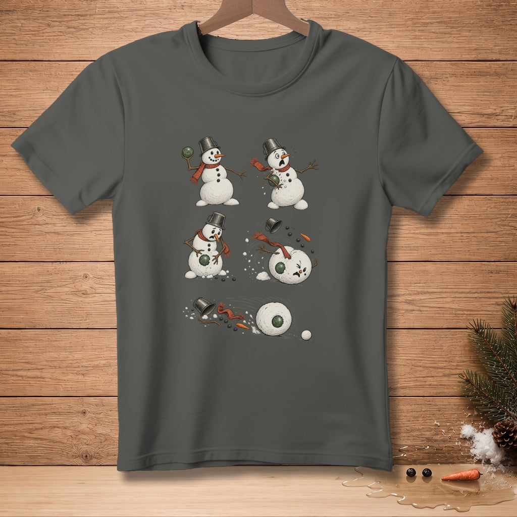 Gray t-shirt with a six-panel cartoon depicting snowmen in a snowball fight.