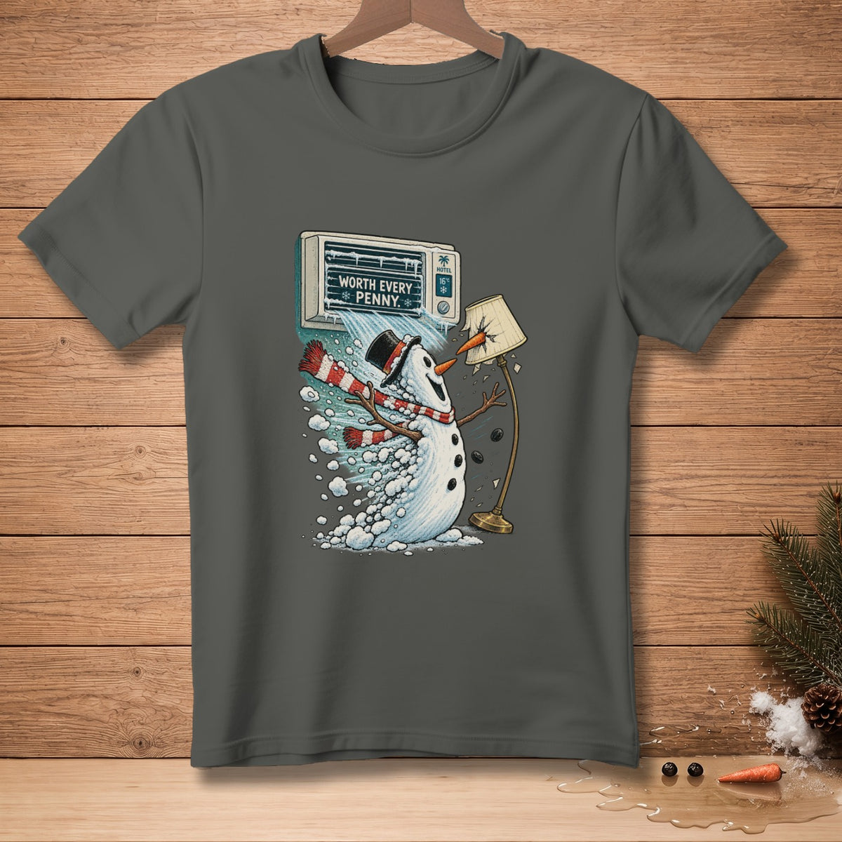 Snowman wearing a scarf and hat using an air conditioner that reads "WORTH EVERY PENNY."