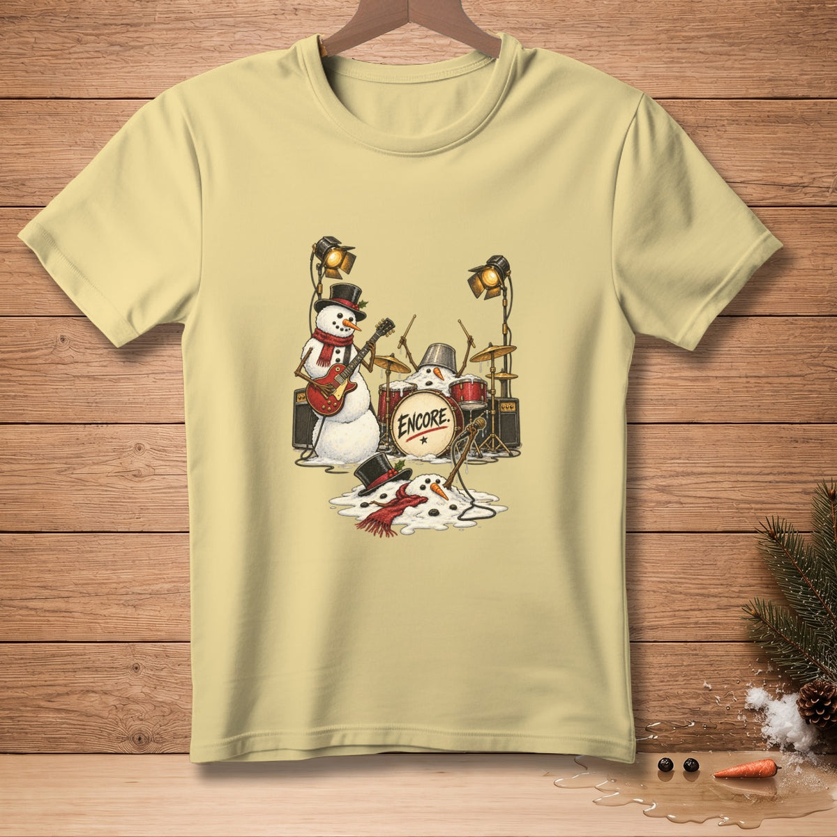 Snowmen playing musical instruments with "Encore" on the drum.