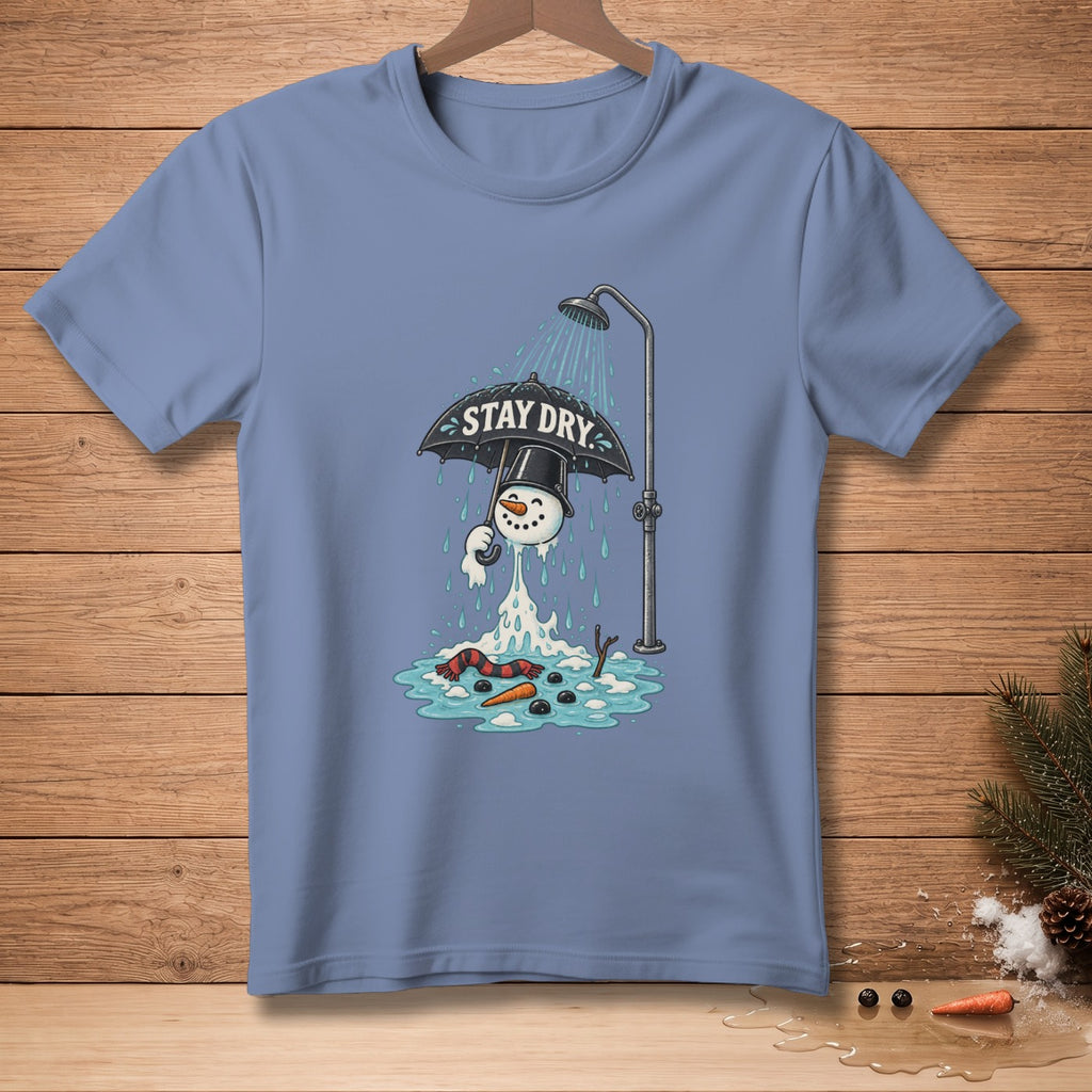 Melting snowman holding umbrella under shower with "Stay Dry" text.