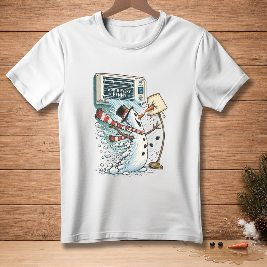 Snowman with scarf and hat near an air conditioner unit saying "Worth Every Penny".