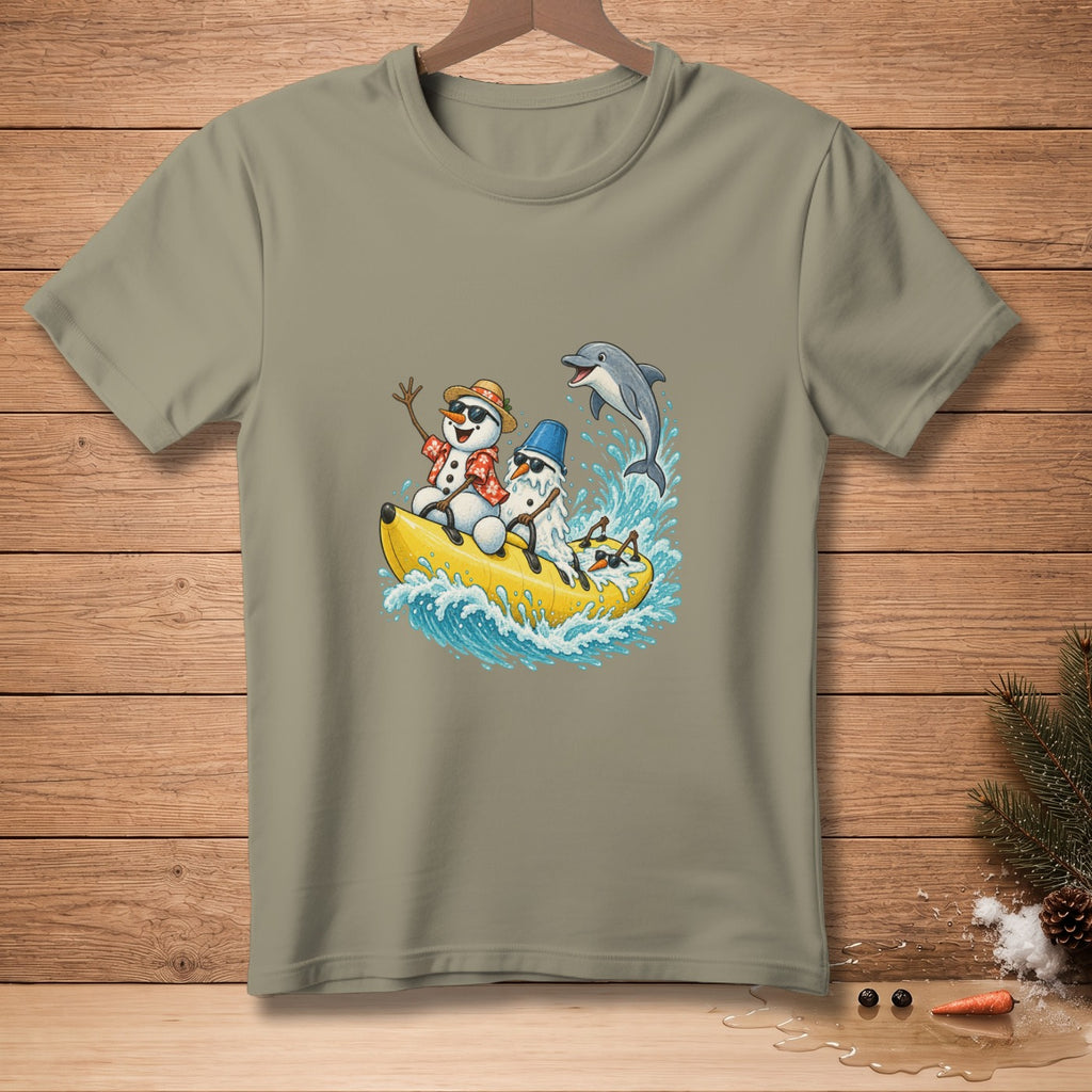 Snowmen on a banana boat with a dolphin splashing in the water.