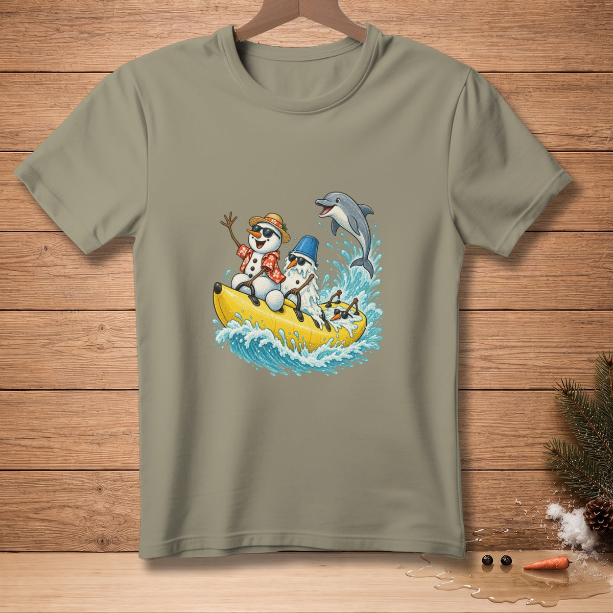 Snowmen on a banana boat with a dolphin splashing in the water.