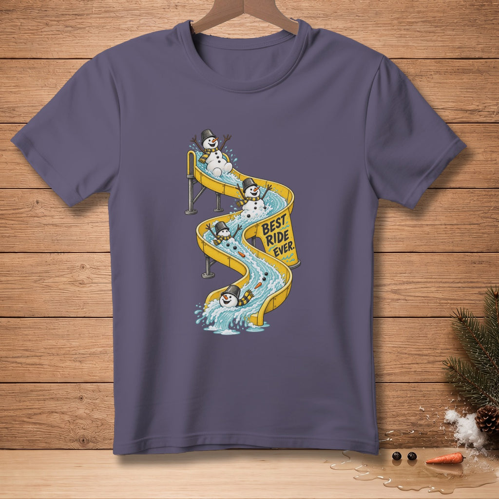 Purple t-shirt with snowmen on a yellow water slide with text "Best Ride Ever".