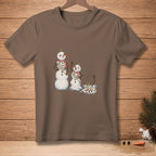 Snowmen with sashes: Miss Winter, Miss Spring, and melting Miss July.