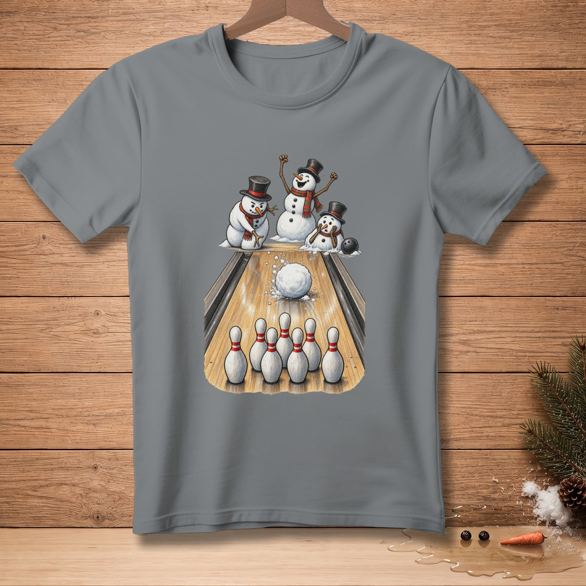 Snowmen bowling on a lane with pins and a bowling ball.