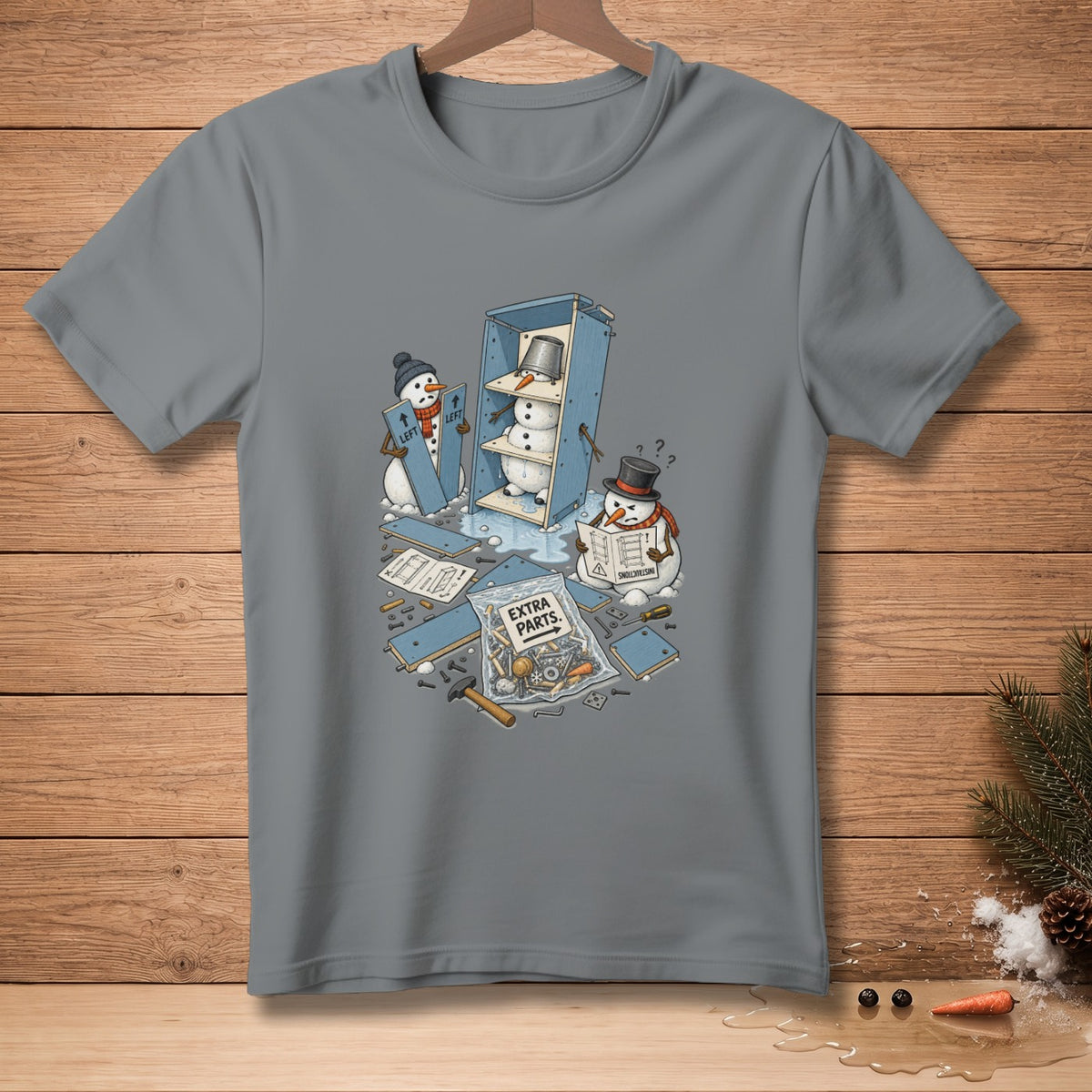 Snowmen assemble furniture with instructions and a bag of extra parts.