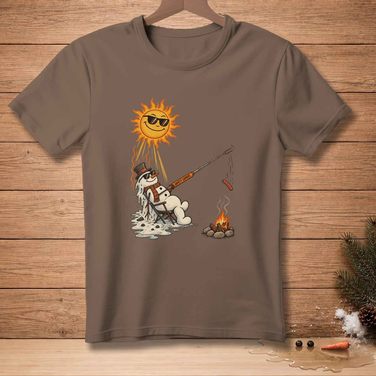 Melting snowman with sunglasses grills sausage over campfire under a smiling sun.