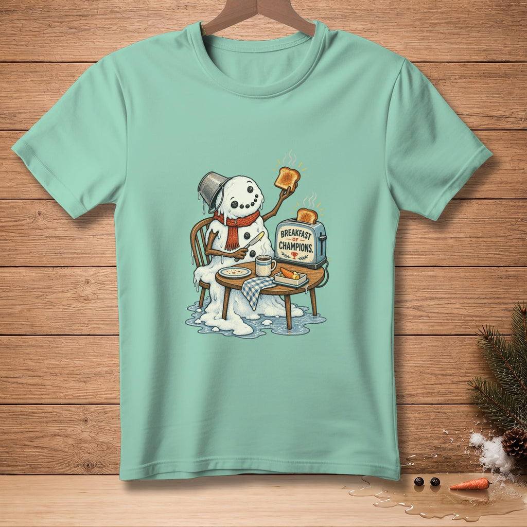 Mint green t-shirt featuring a melting snowman eating toast with "Breakfast of Champions" toaster.