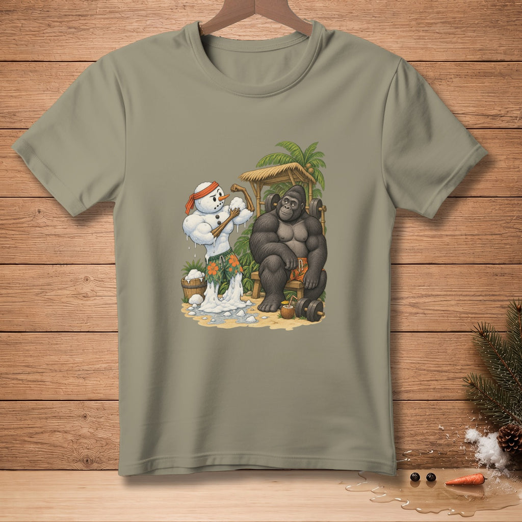 Gorilla and melting snowman flexing muscles on a tropical beach with weights.