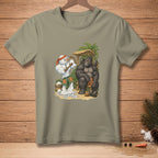 Gorilla and melting snowman flexing muscles on a tropical beach with weights.