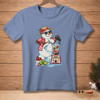 Snowman in Hawaiian shirt and sunglasses making a smoothie with blender and fresh ingredients.