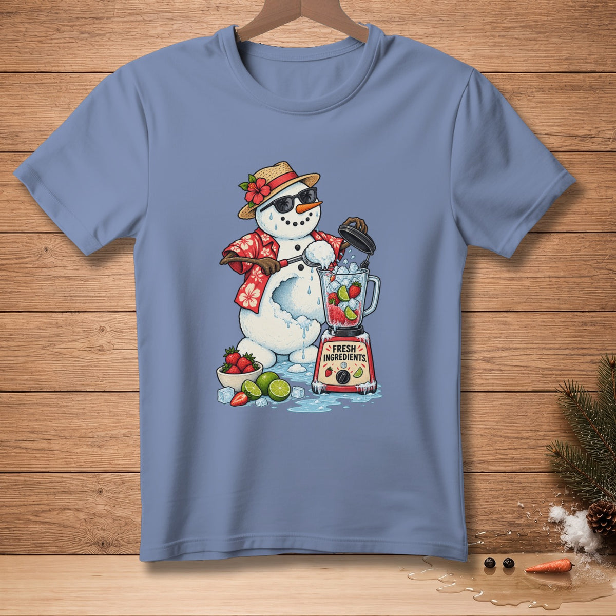 Snowman in Hawaiian shirt and sunglasses making a smoothie with blender and fresh ingredients.