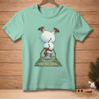 Mint t-shirt with a melting snowman doing a handstand and text "FIND YOUR CENTER."