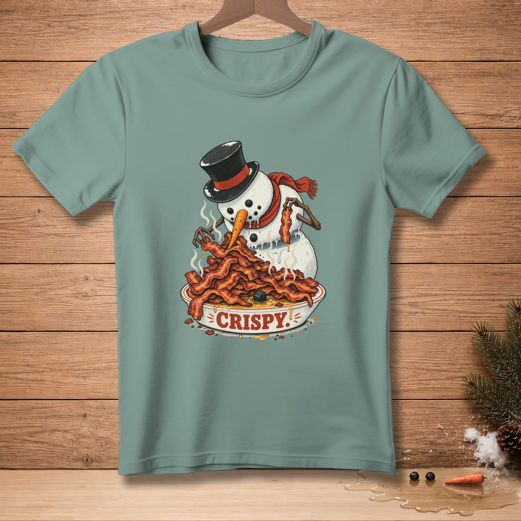 Snowman eating a bowl of crispy bacon, with "CRISPY" text.