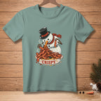 Snowman eating a bowl of crispy bacon, with "CRISPY" text.