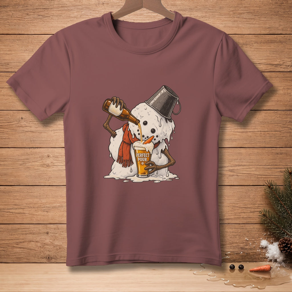 Melting snowman pouring beer into a glass with text "Perfect Pour."