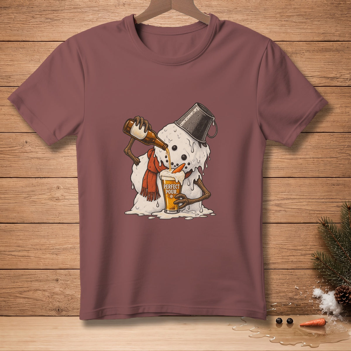 Melting snowman pouring beer into a glass with text "Perfect Pour."