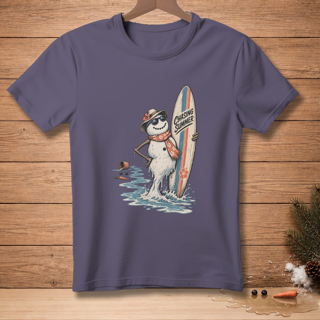 Melting snowman wearing sunglasses and scarf holds surfboard with "Chasing Summer" text.