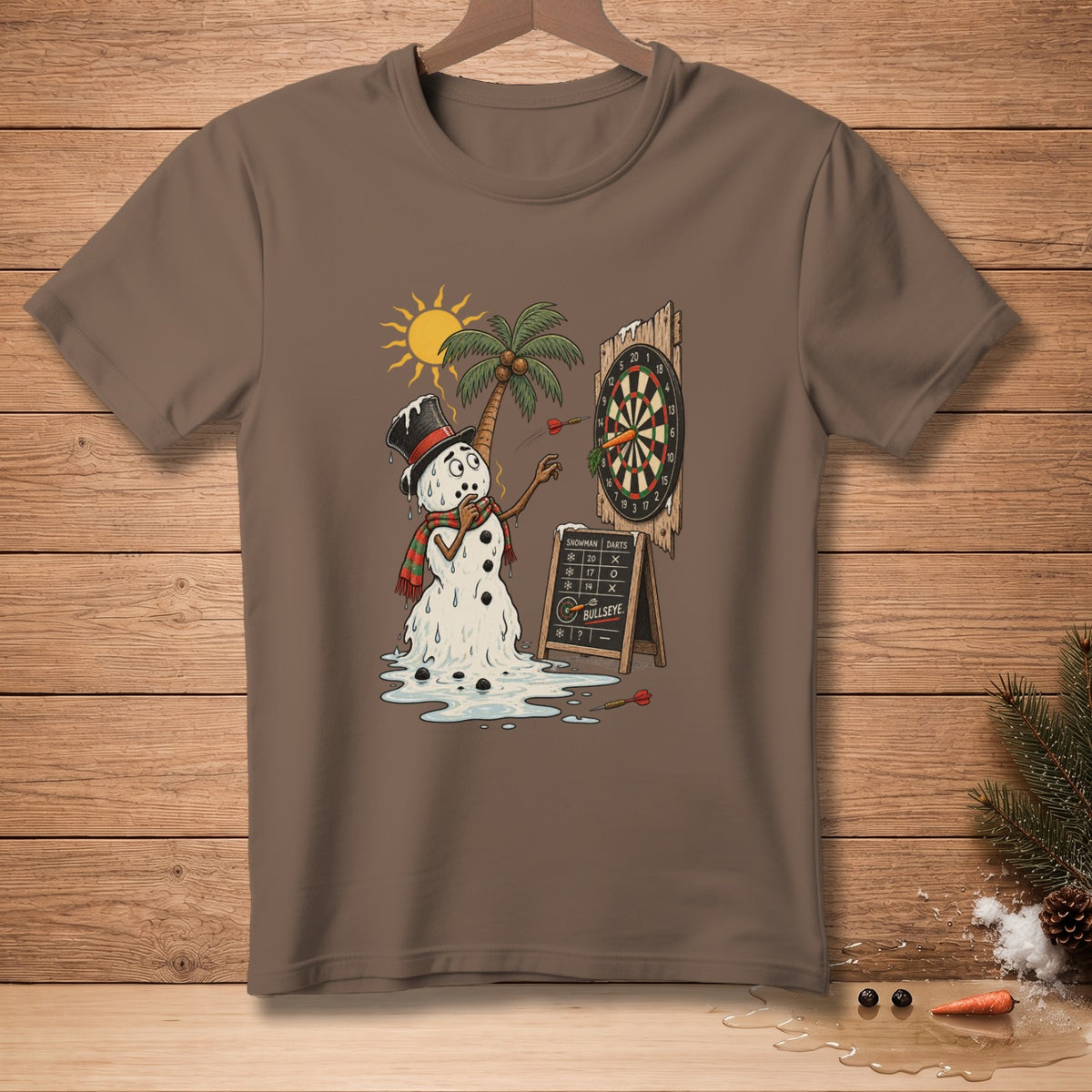 Melting snowman plays darts under a hot sun by a palm tree.