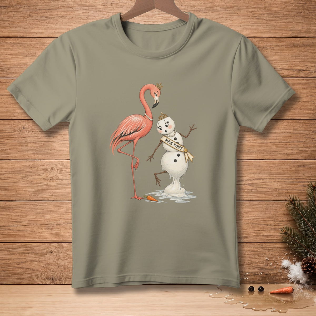 Flamingo and melting snowman with crown and "Miss Poise" sash on t-shirt.