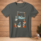 Snowmen playing soccer in water with text "COVER THE ANGLES."