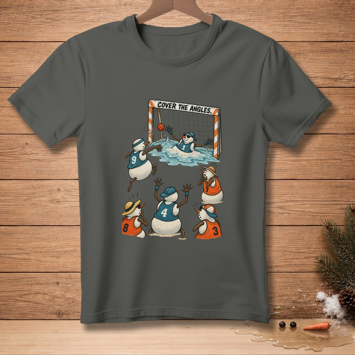 Snowmen playing soccer in water with text "COVER THE ANGLES."