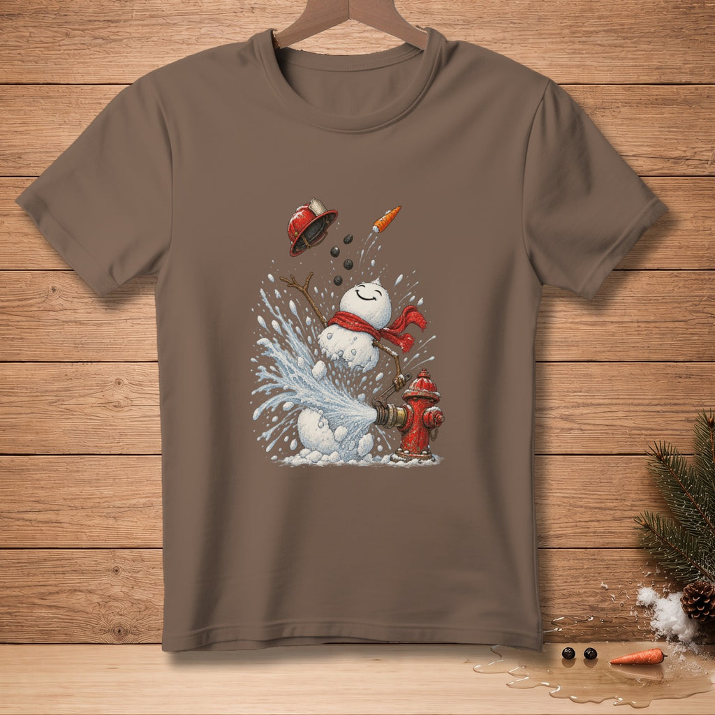 Snowman spraying water from a fire hydrant, wearing a scarf and helmet.