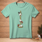 T-shirt with snowmen climbing a pole, one wearing a top hat, one a scarf, and one a fireman's hat with "FAST RESPONSE" text.