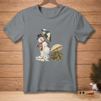 Melting snowman with hat and scarf under umbrella, tortoise with shell umbrella.