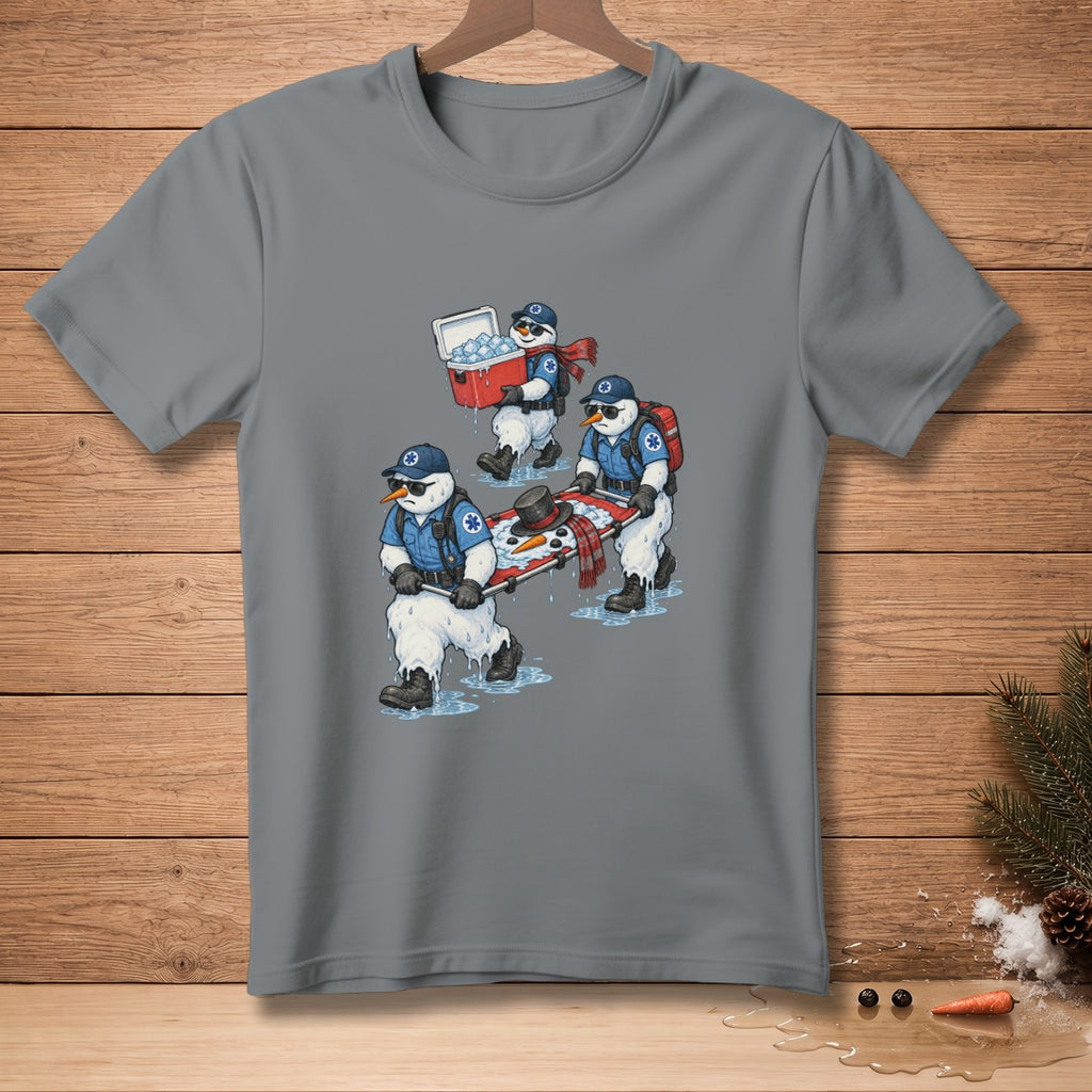 Three snowmen dressed as EMTs carry a melting snowman on a stretcher, one carrying ice.
