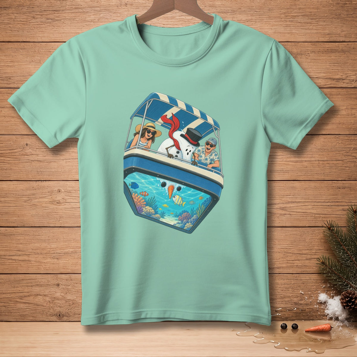 Snowman in a boat with people and an aquarium of fish