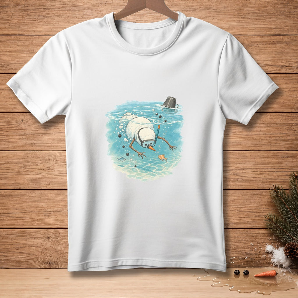 White t-shirt with a cartoon snowman snorkeling underwater with fish.