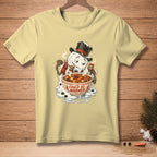 Melting snowman in a hat eats soup from a bowl that says "COULD BE WARMER".
