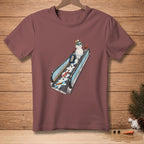 Snowman on escalator with suitcase, holding a drink and a carrot.
