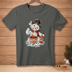 Snowman wearing a hat and scarf eats beans with hot sauce, spilling some.