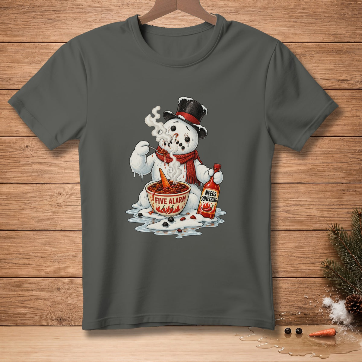Snowman wearing a hat and scarf eats beans with hot sauce, spilling some.