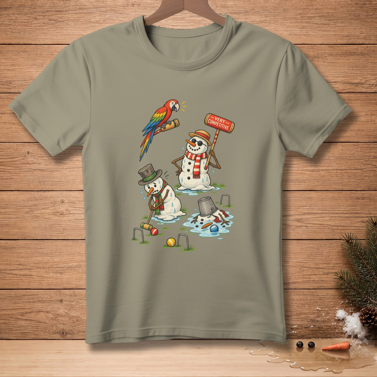 Melting snowmen play competitive croquet while a parrot watches.