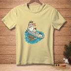 Snowmen on paddleboard with turtle, text "GO WITH THE FLOW".