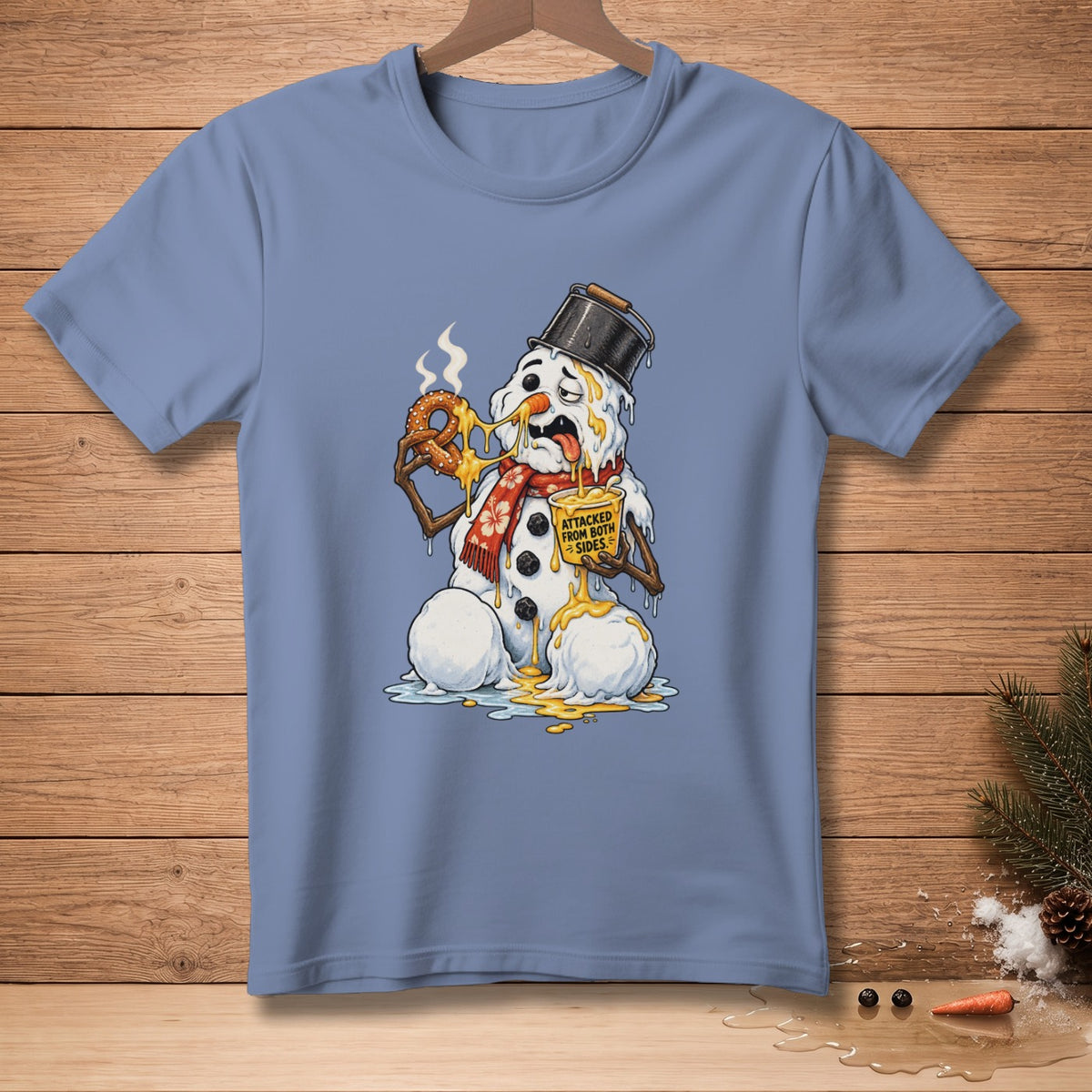 Melting snowman with a pretzel and a sign that says "Attacked From Both Sides".