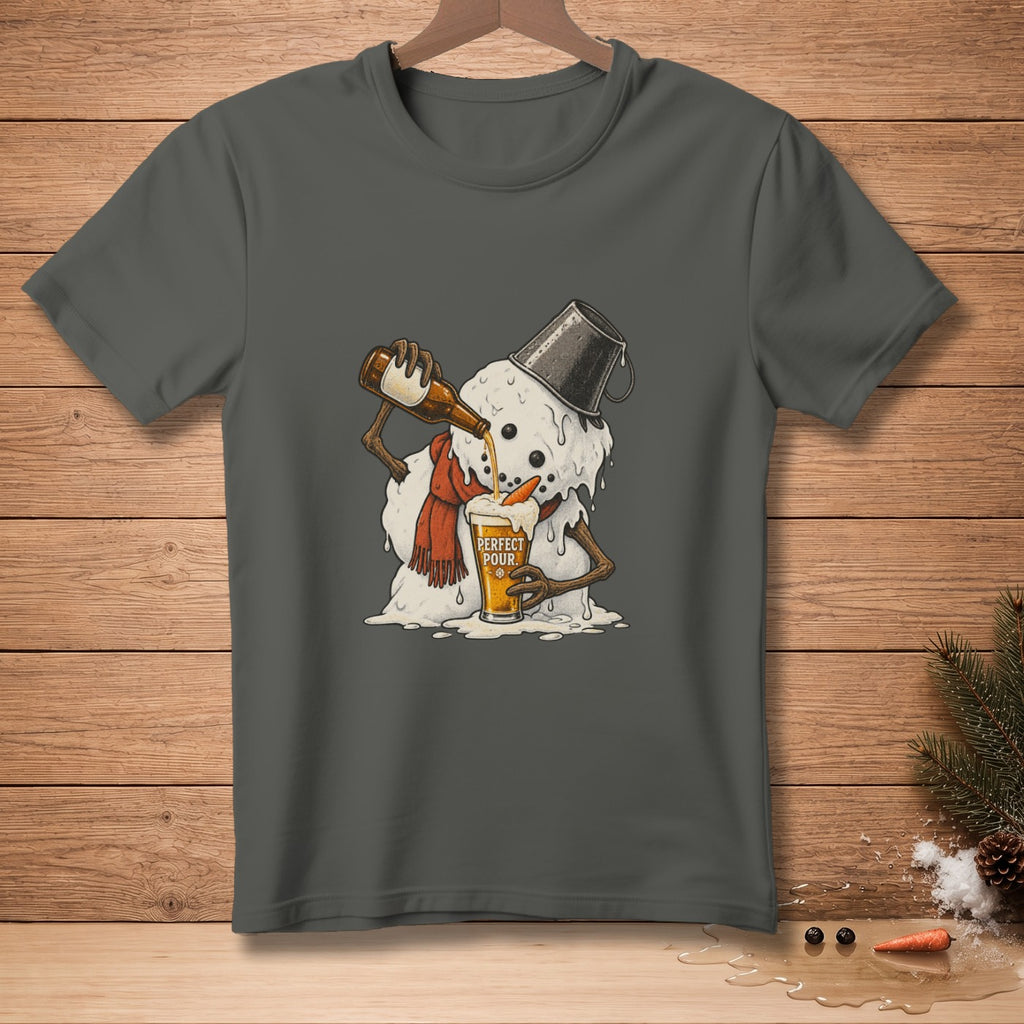 Melting snowman pours beer into a glass with "Perfect Pour" text.