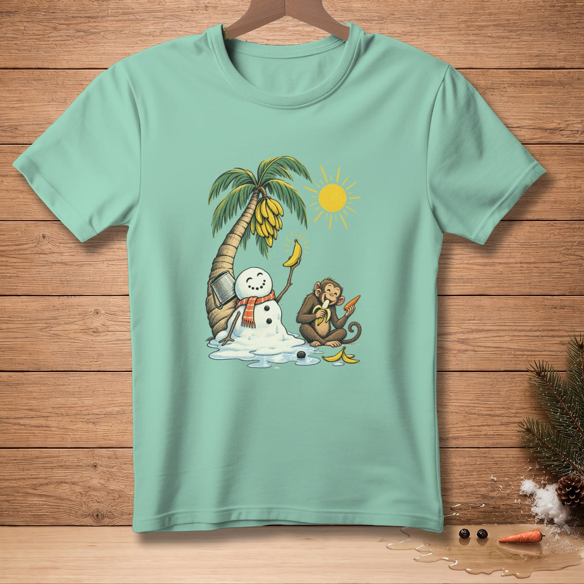 Melting snowman and monkey with bananas under a palm tree with sun.
