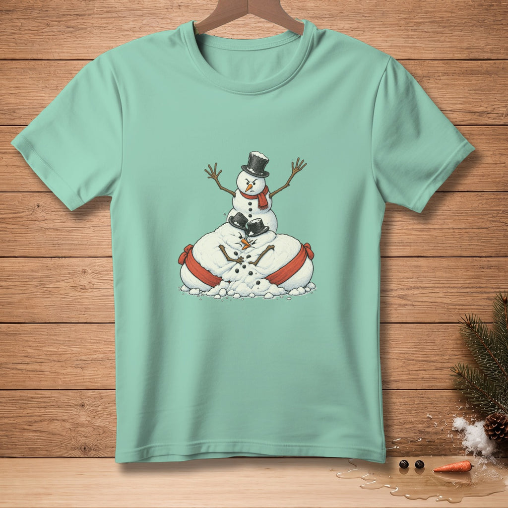 Three stacked snowmen wearing hats and scarves on a light teal t-shirt.