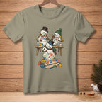 Three snowmen painting flowers on a palette with "HANDMADE" text.