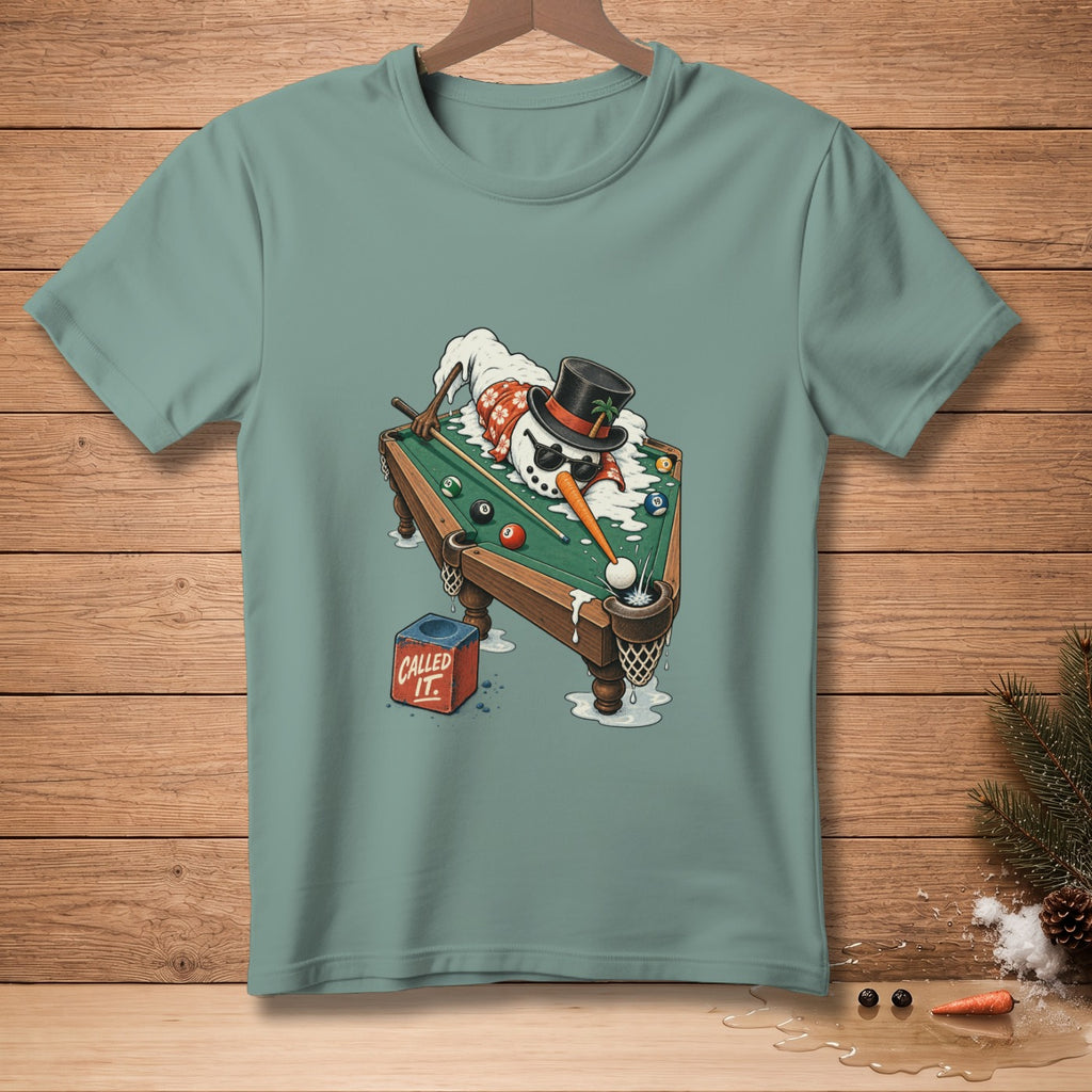 Snowman playing pool, melting on a table with "CALLED IT." text.