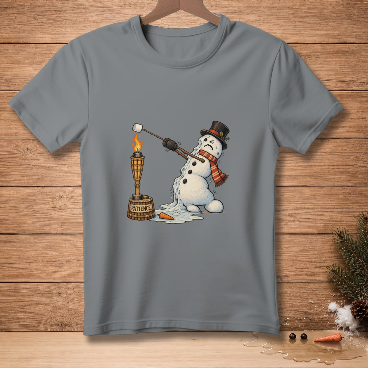 Melting snowman with marshmallow on a stick roasting over a torch labeled "PATIENCE".